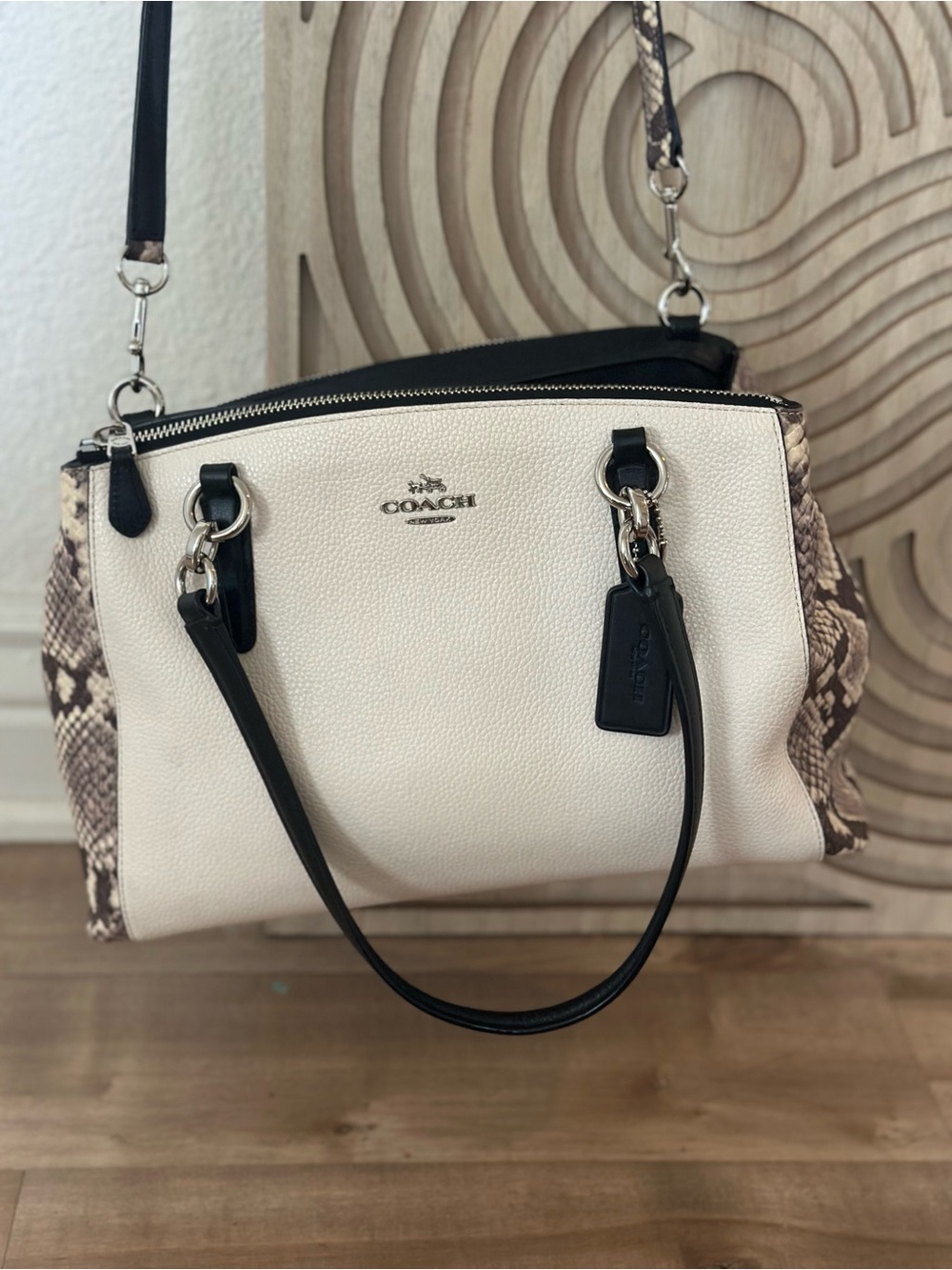 Coach Christie Pebble Leather Satchel with Snakeskin Trim in White and Black